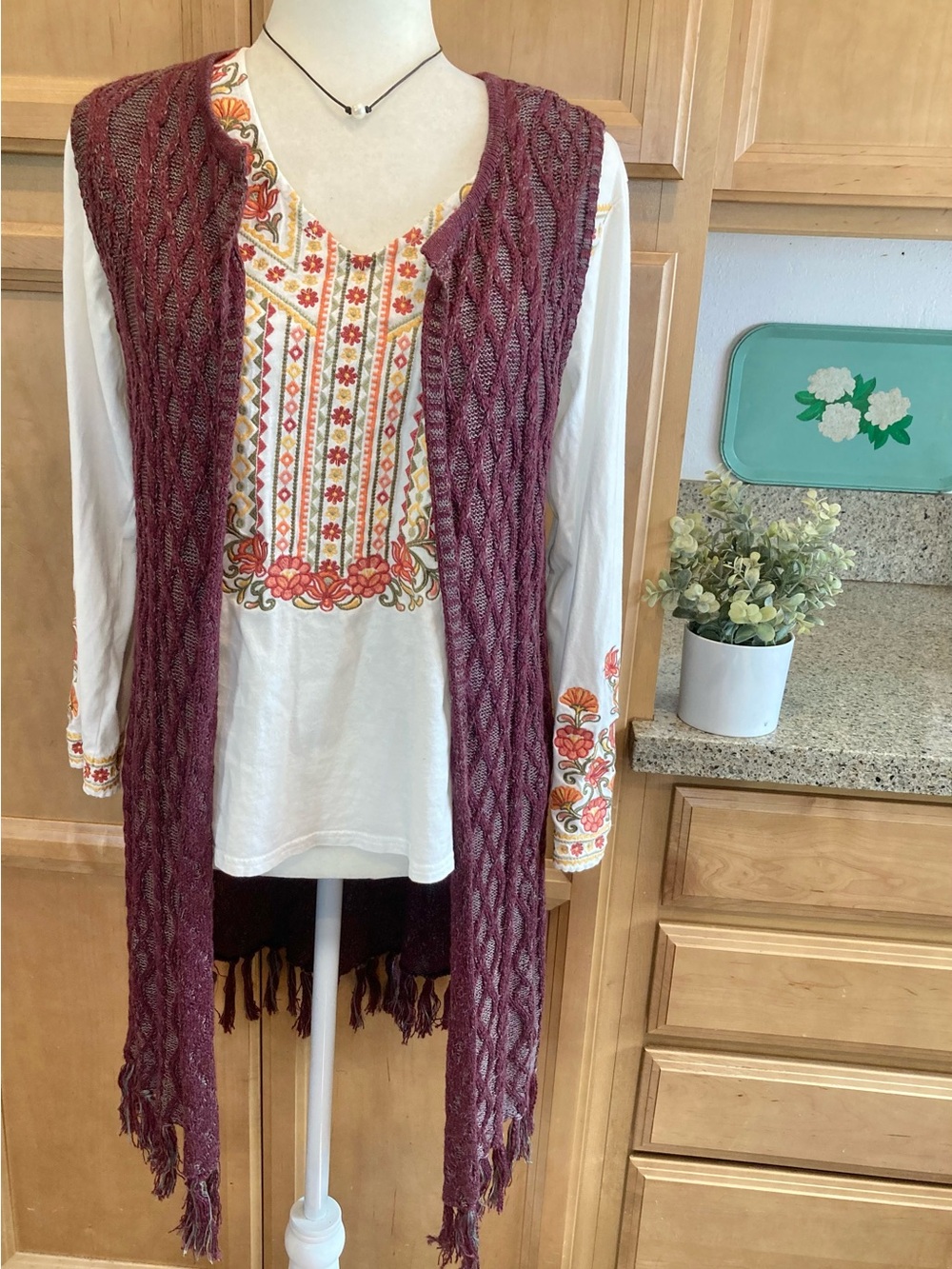 Cato Maroon Knit Open Front Boho WesternVest with Fringe